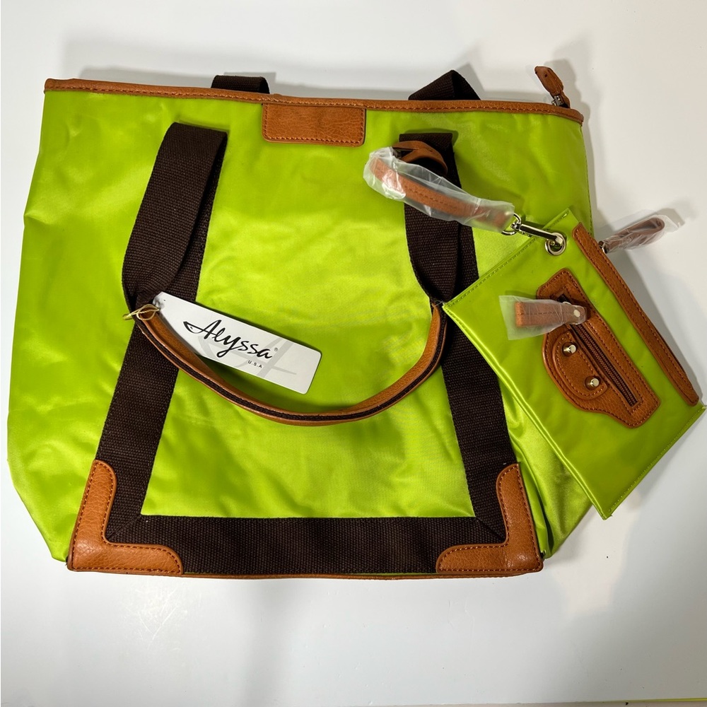 Alyssa Green Nylon Faux Leather Accent Tote Bag With Coin Purse Zippered Pockets